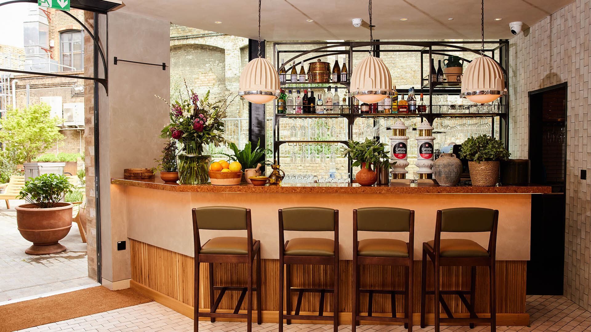 Bar in restaurant with bar stools 