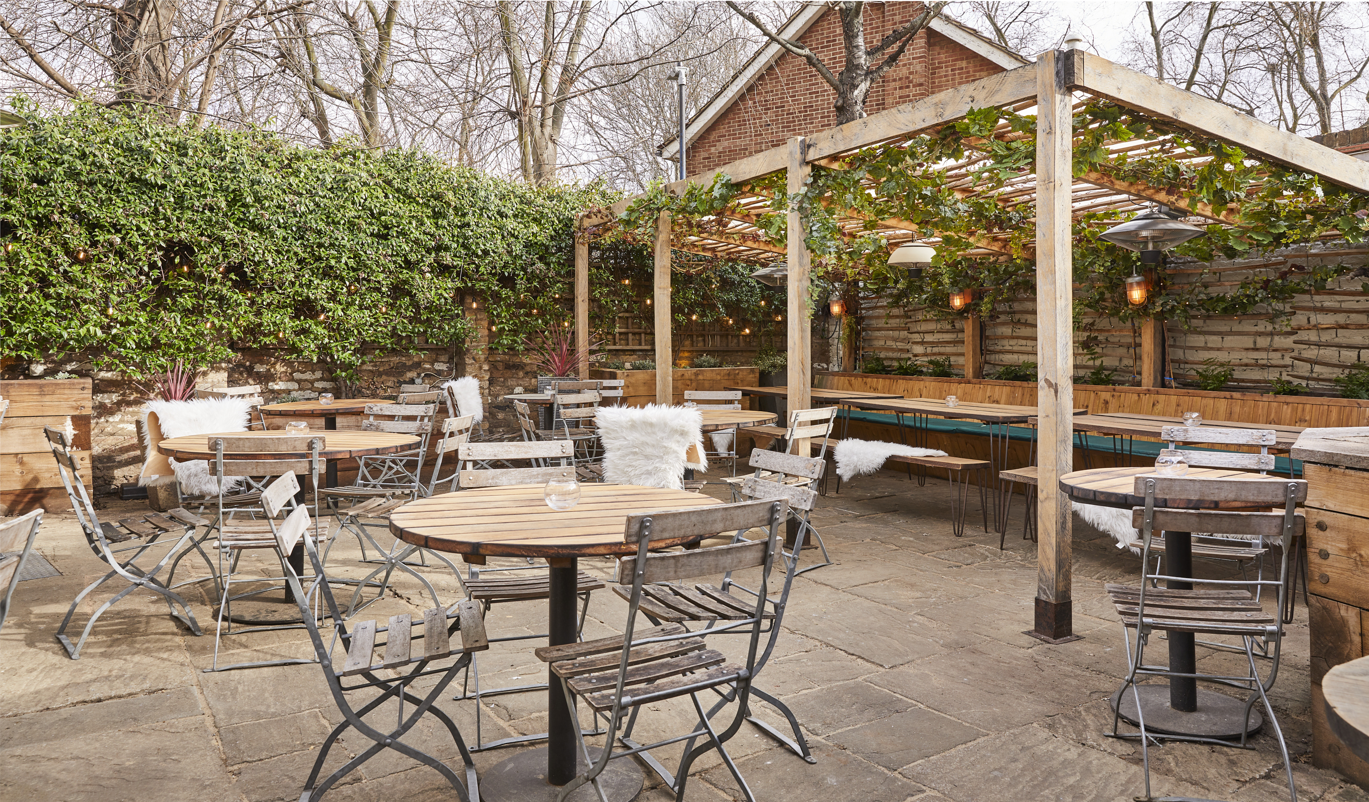 Interior dining area after the fit-out with red lampshade and seating