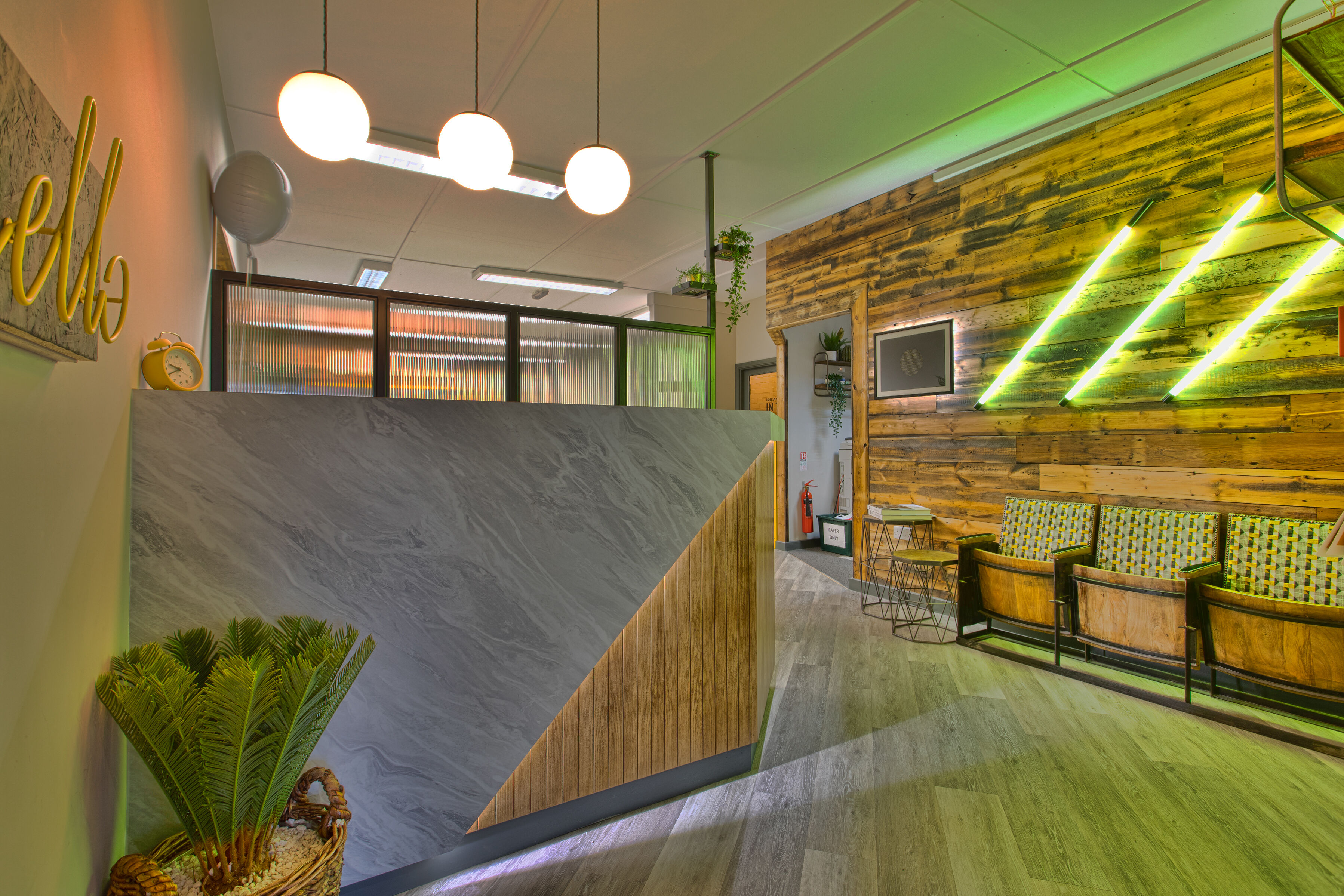 office reception with neon lights
