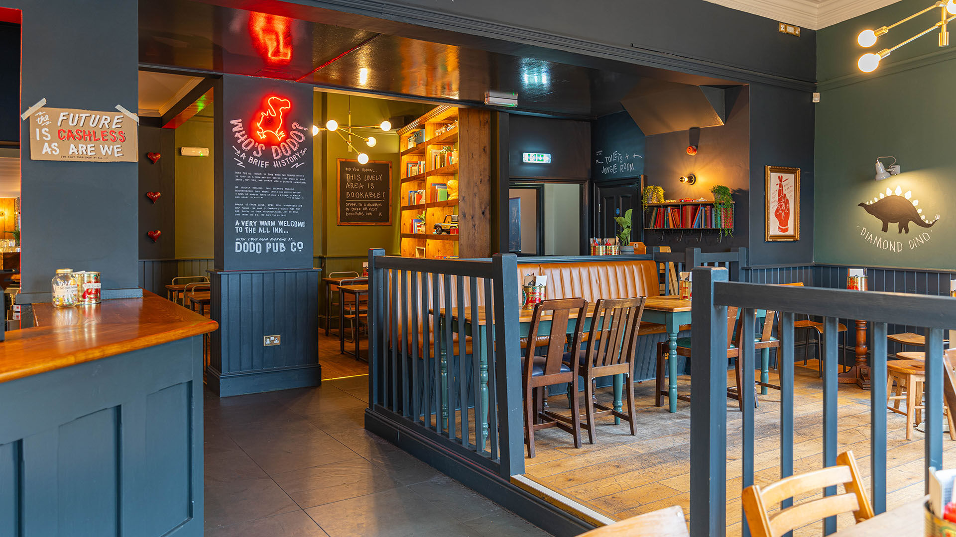 Dodo pub neon sign with bar and leather fixed seating 