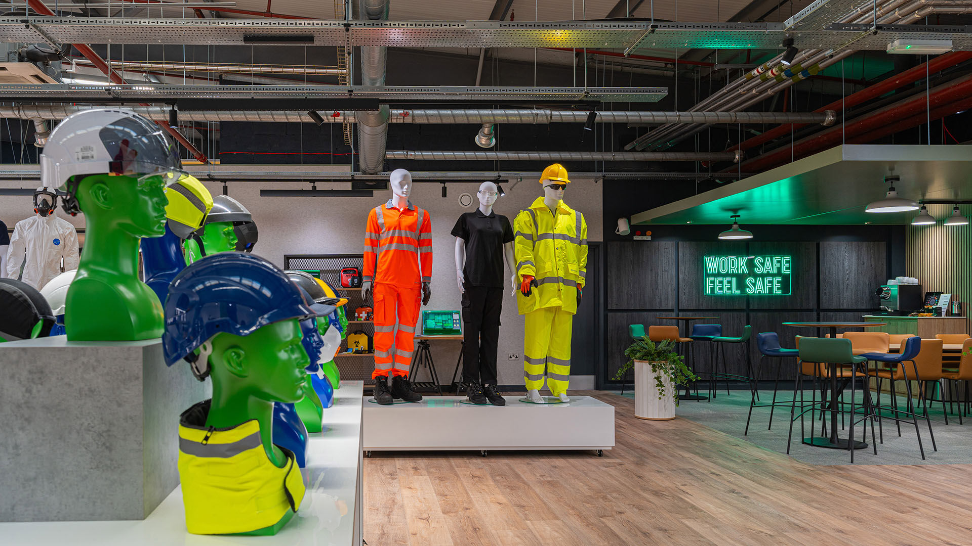 Lyreco showroom with mannequins and safety helmets 