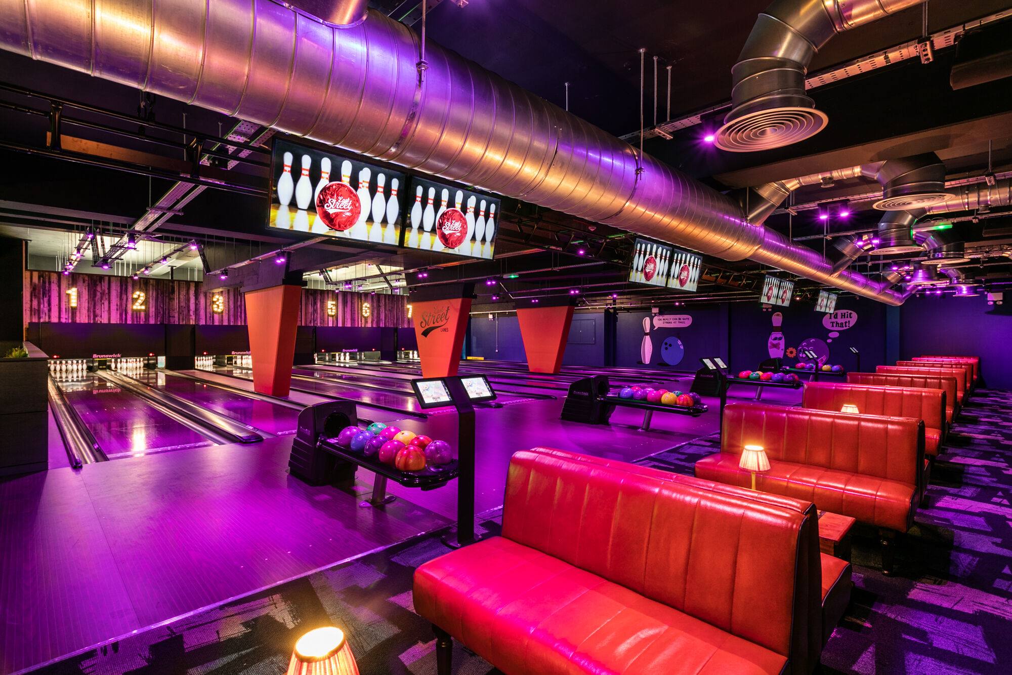 Bowling alley in purple neon