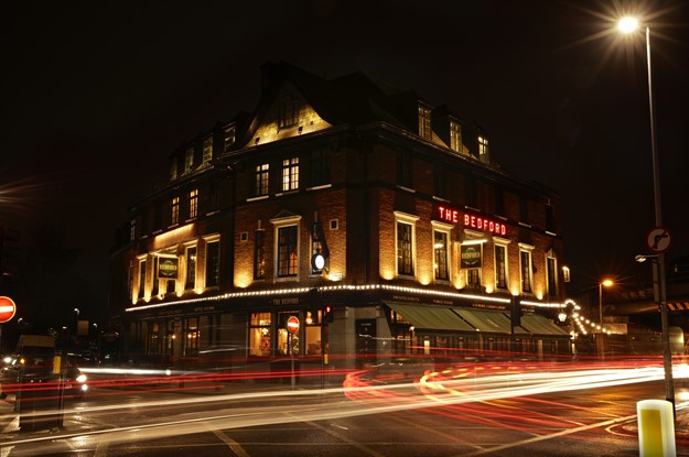 the Bedford pub front at night