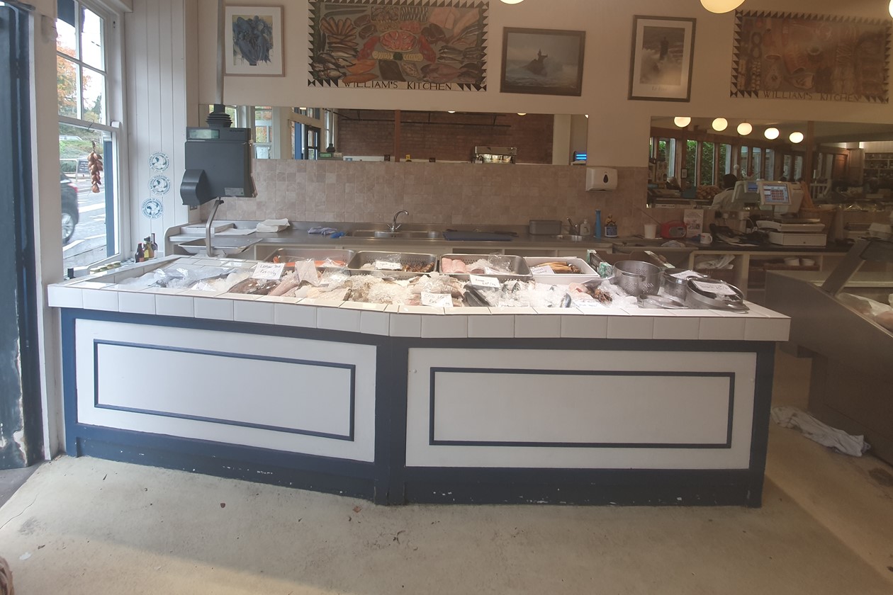 The refurbished William's food hall featuring the fishmonger counter before and after the fit-out
