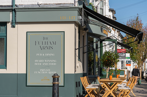 The Fulham arms pub exterior with new signage scheme